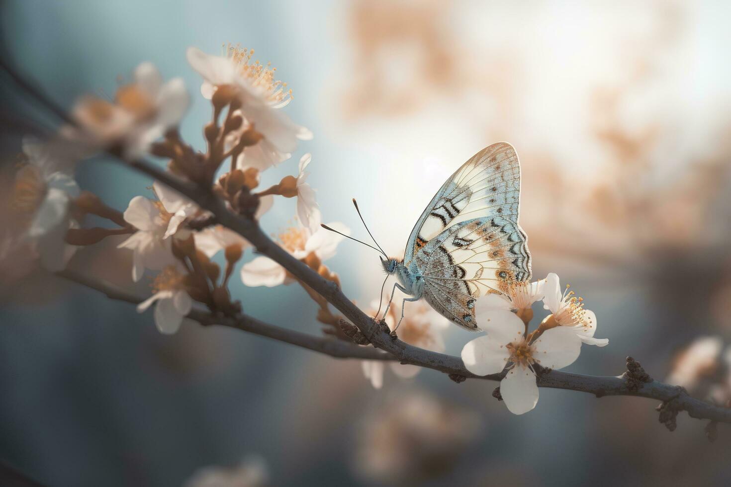 abstract nature spring Background. spring flower and butterfly, generate ai photo