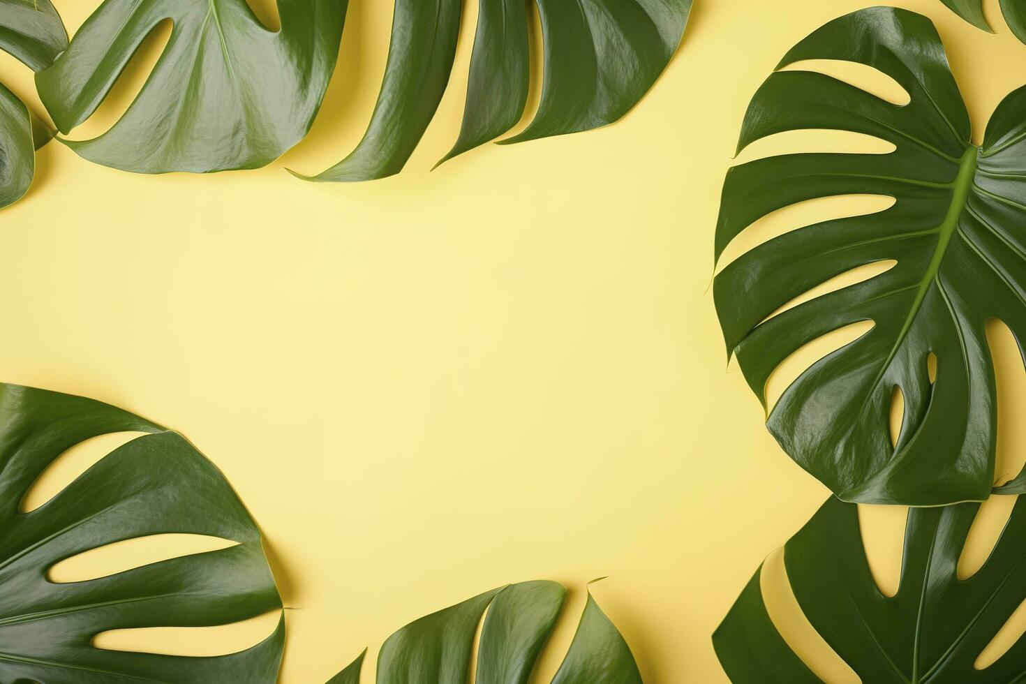 Beautiful tropical palm monstera leaves branch isolated on pastel yellow background, top view, flat lay, overhead above summer beauty blank design concept , generate ai photo