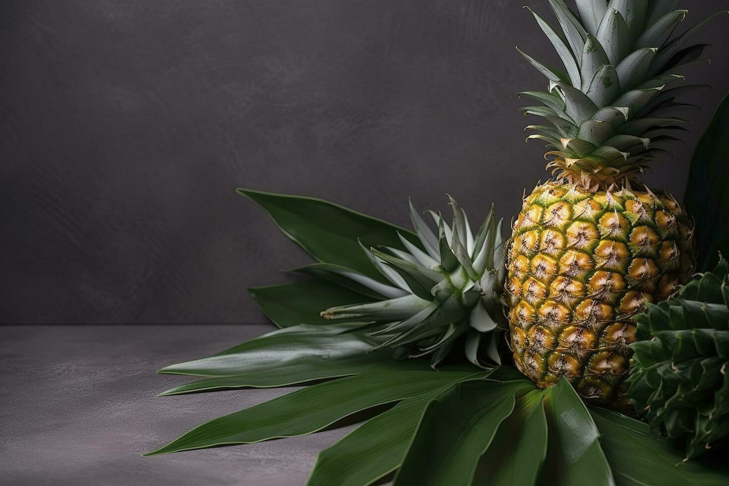 Fresh pineapple with tropical leaves on gray background. , generate ai photo