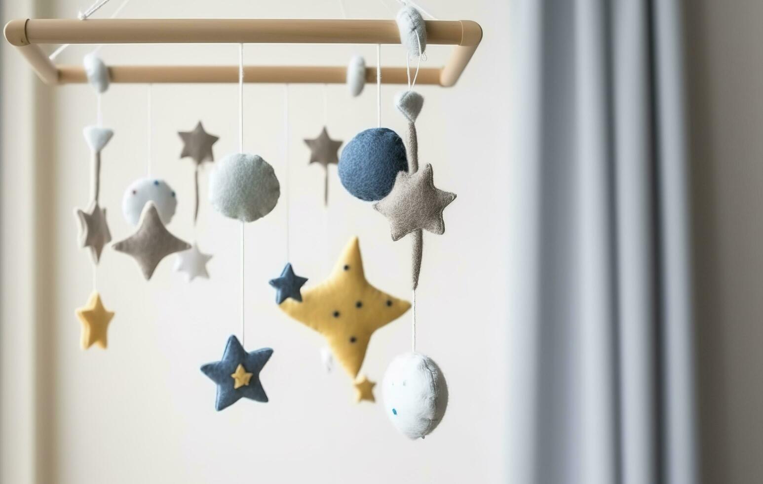 Baby crib mobile with stars, planets and moon. Kids handmade toys above the newborn crib. First baby eco-friendly toys made from felt and wood. Space for text, generate ai photo