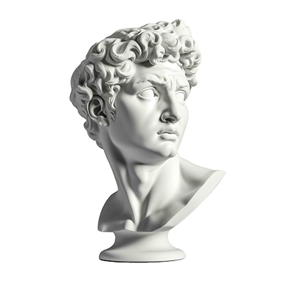 Gypsum statue of David's head. Michelangelo's David statue plaster copy isolated on white background. Ancient greek sculpture, statue of hero, generate ai photo