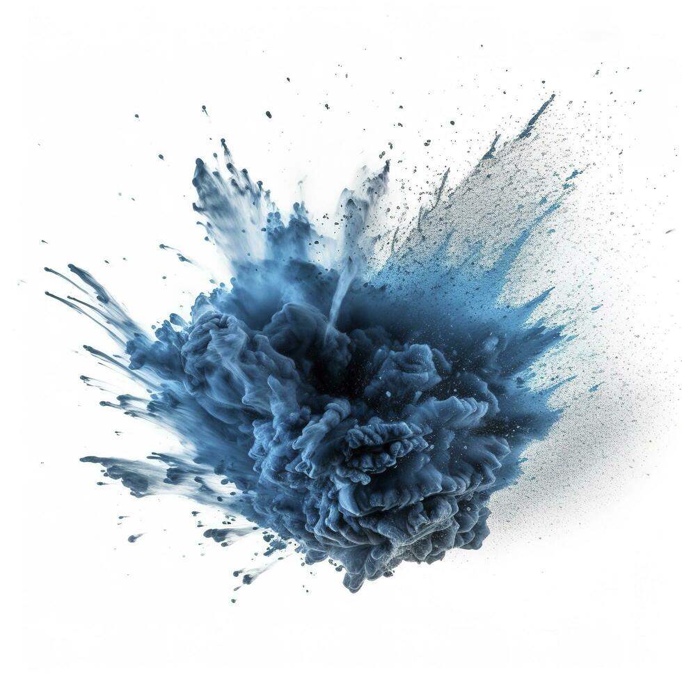 Abstract blue dust explosion on white background. Freeze motion of blue powder splash. Painted Holi in festival, generate ai photo