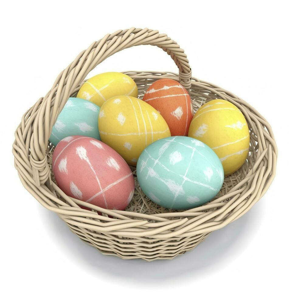 Colorful easter eggs in basket isolated on white background, generate ai photo