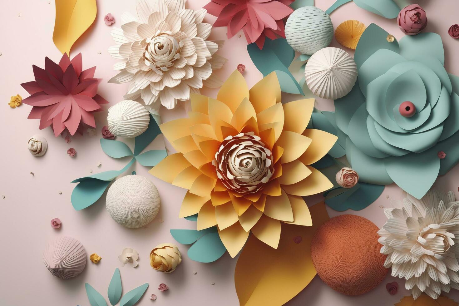 3d floral craft wallpaper. orange, rose, green and yellow flowers in light background. for kids room wall decor, generate ai photo
