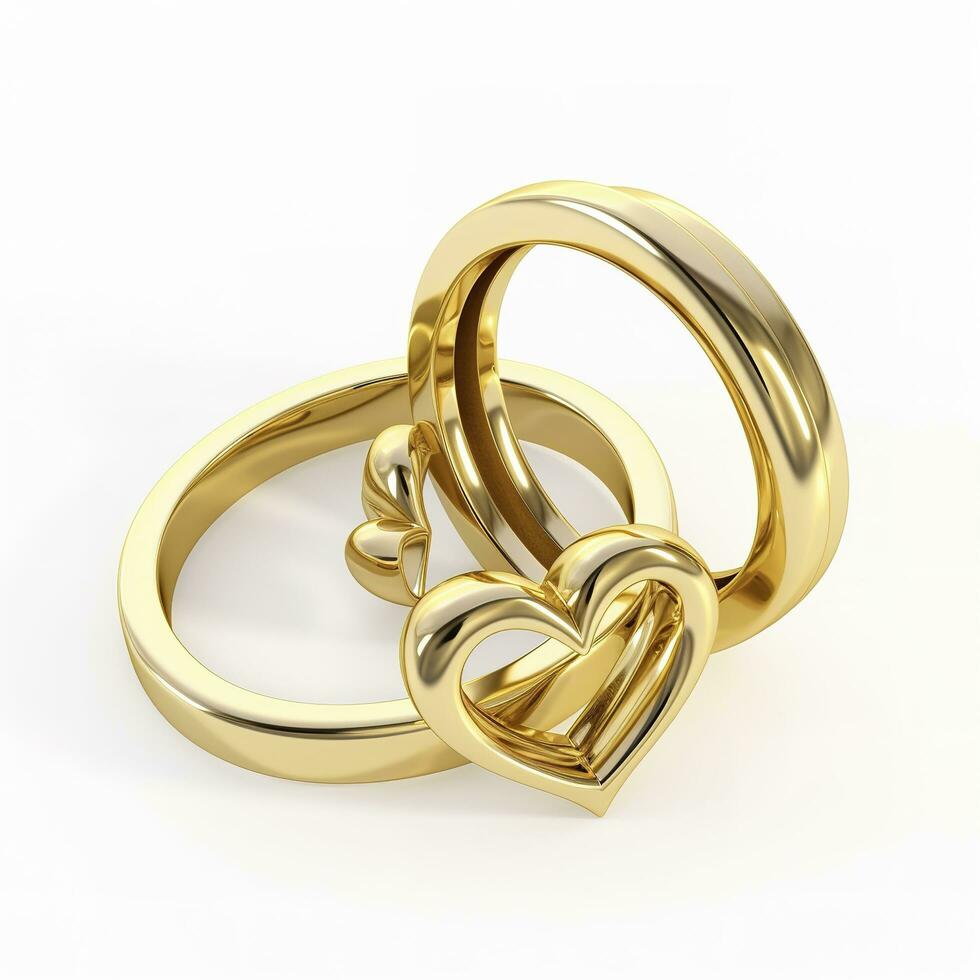 Gold heart shaped rings attached to each other. white background , generat ai photo