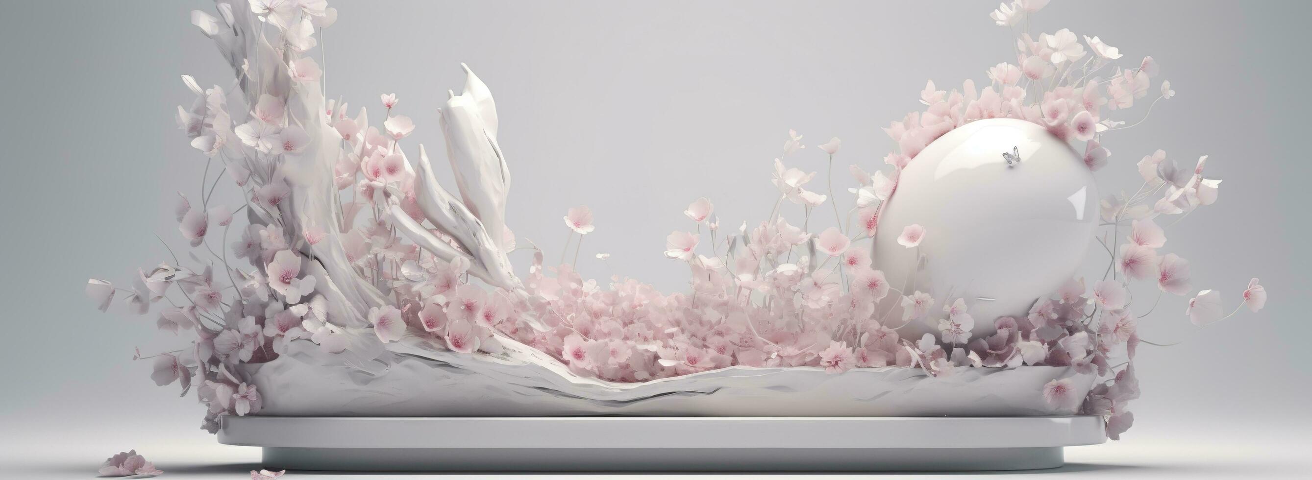 heart shape sculpture with pink flowers in a white frame, in the style of motion blur panorama, kawaii manga, photo bashing, sony alpha a1, detailed character design, bulbous, generate ai