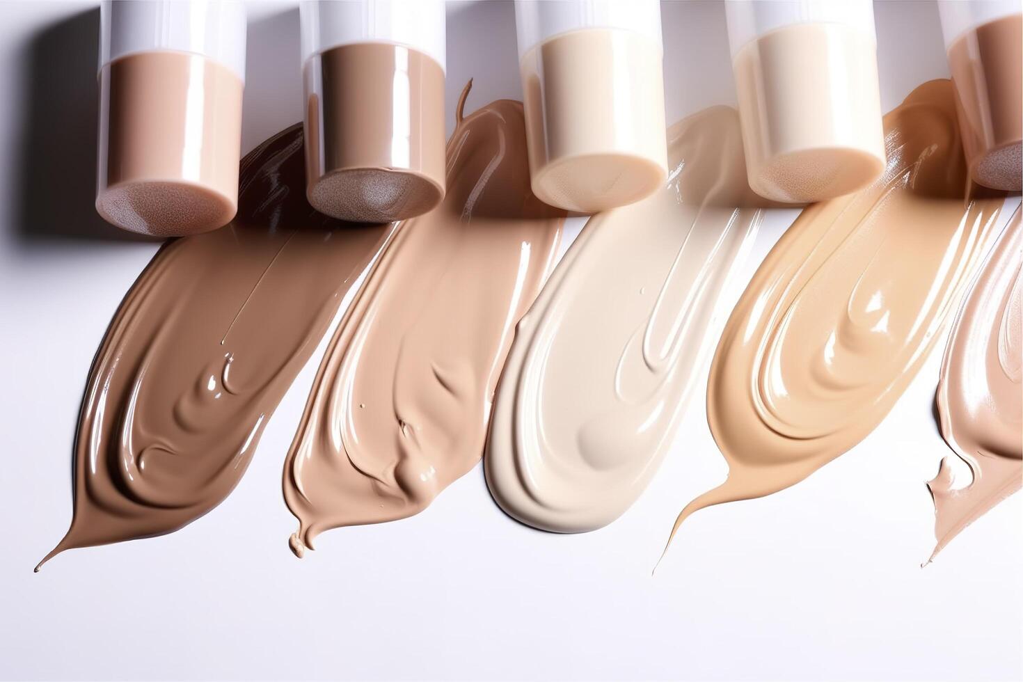 Make up foundation smears, different skin tones. BB, CC cream foundation tonal smudges on white background. Texture of makeup foundation. Decorative cosmetics samples set. photo