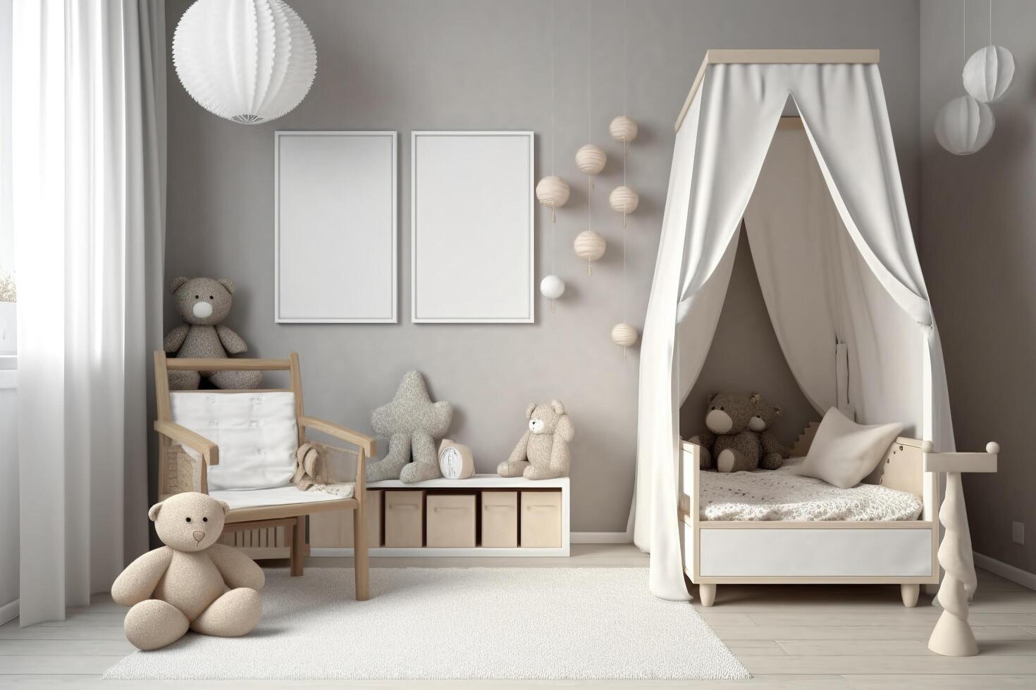 Modern minimalist nursery room in scandinavian style. Baby room interior in light colours, image photo
