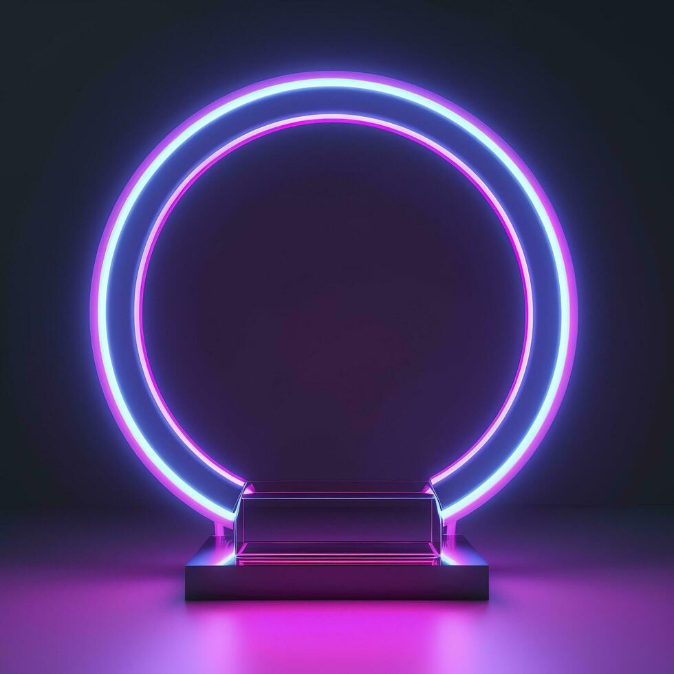 Empty neon lights round frame podium floating in the air with purple neon rings on background and hologram of digital rings on a floor, generate ai photo