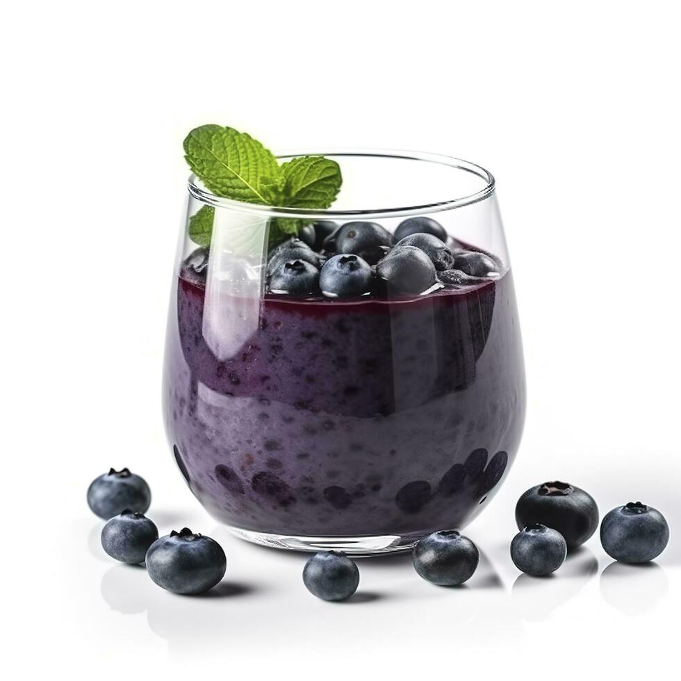 Tasty blueberry smoothie in glass isolated on white background, generate ai photo