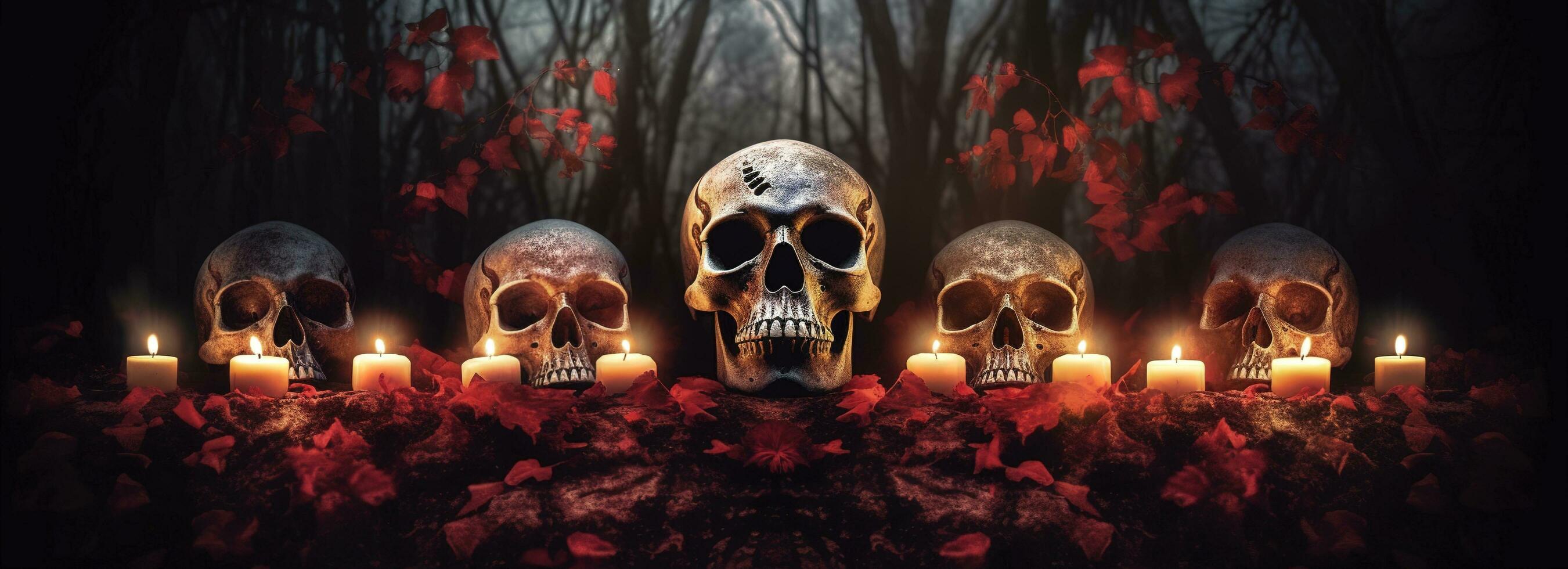 Day of the Dead skulls. Dia de los Muertos. Day of the Dead and Mexican Halloween background. Mexican tradition festival. Day of the dead sugar skull. Dia de los Muertos, generate ai photo