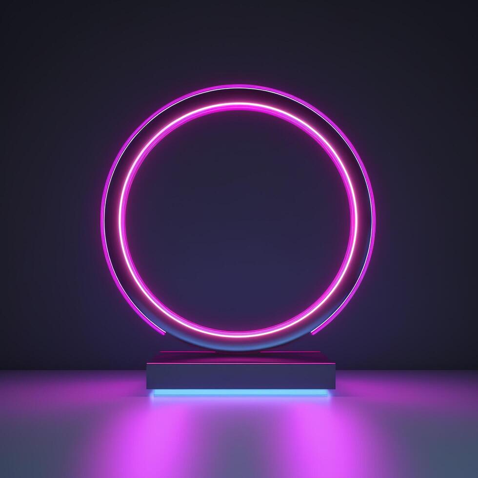 Empty neon lights round frame podium floating in the air with purple neon rings on background and hologram of digital rings on a floor, photo