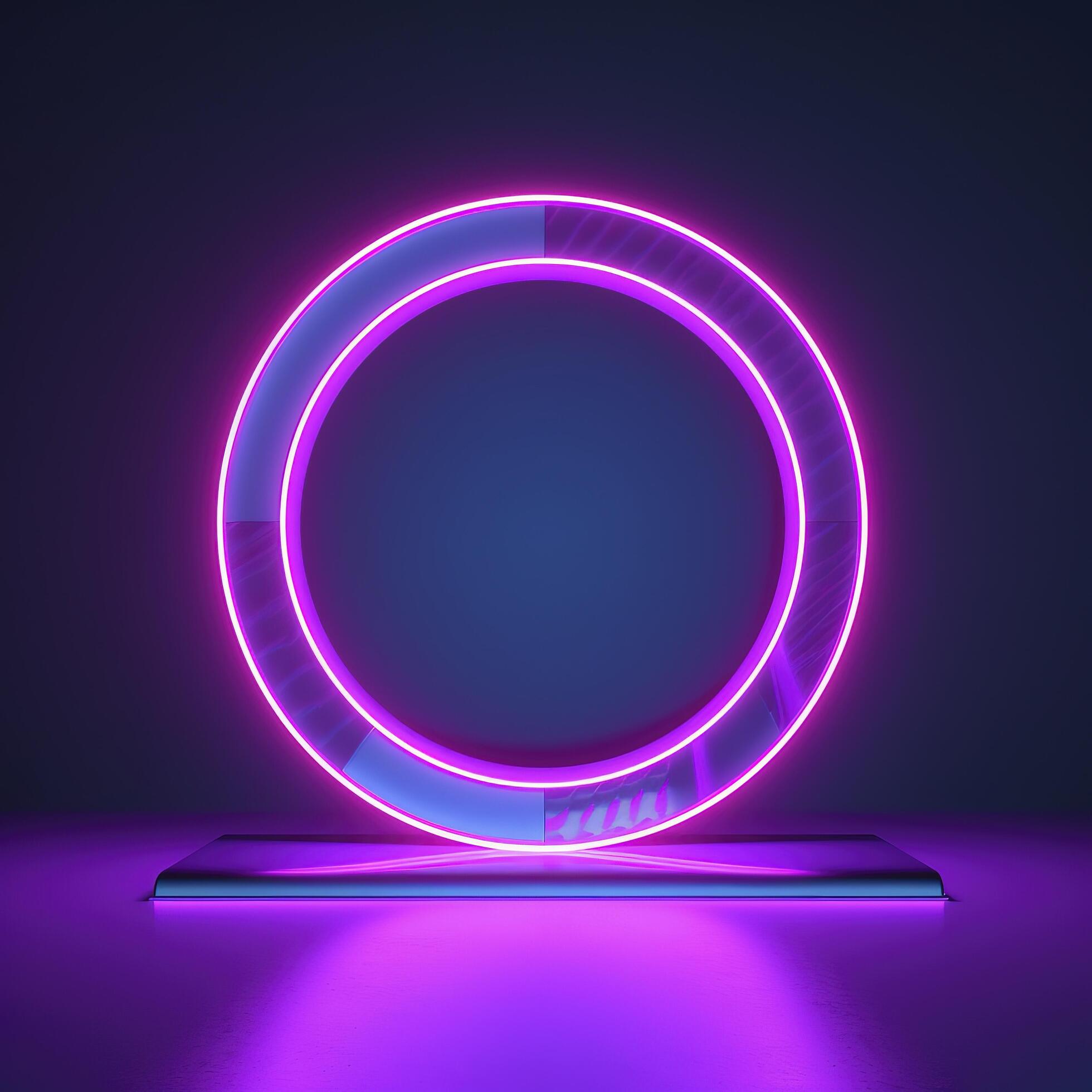 Empty neon lights round frame podium floating in the air with purple