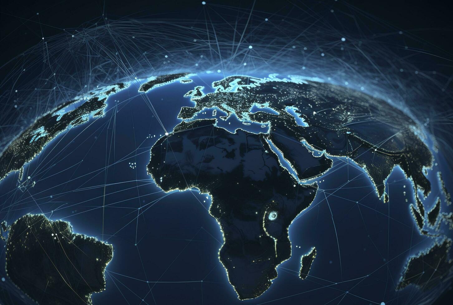 Global network on Earth concept. 3D rendering, World map point. Big data analytics and business concept, world map point and line composition concept of global business, generate ai photo