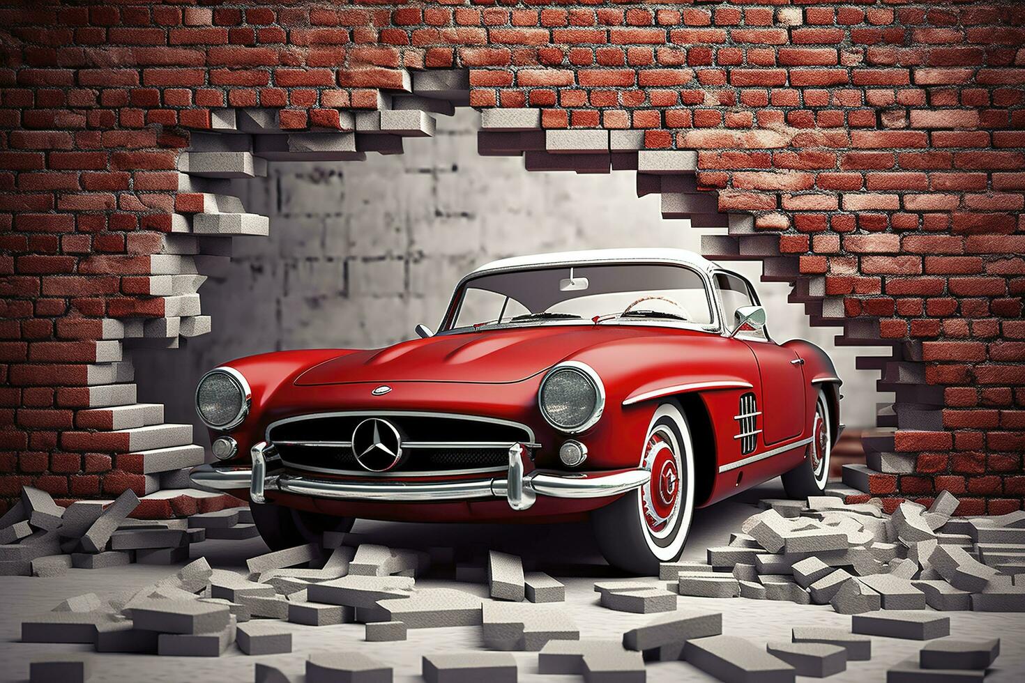 3d mural wallpaper broken wall bricks and a classic red car. world map in a colored background. for Childrens and kids bed room wallpaper, generate ai photo