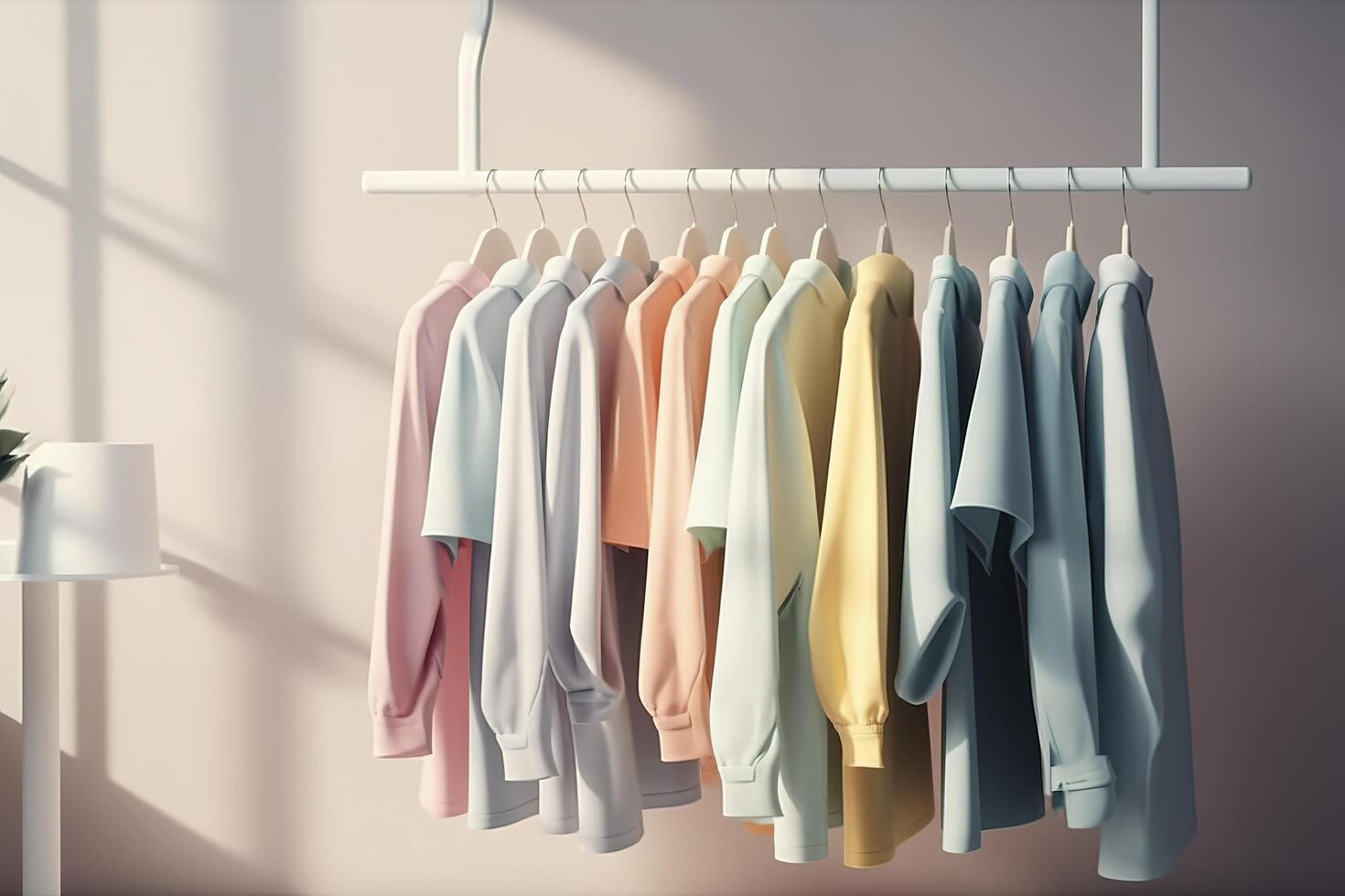 Colourful clothes on clothing rack, pastel colorful closet in shopping store or bedroom. Rainbow color clothes choice on hangers, home wardrobe concept. image photo