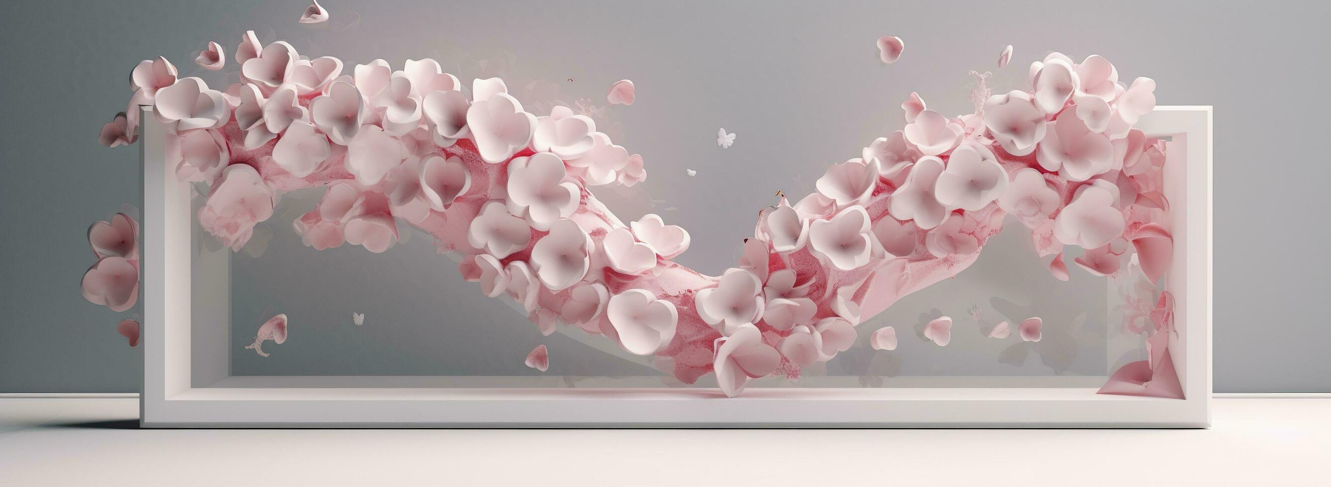 heart shape sculpture with pink flowers in a white frame, in the style of motion blur panorama, kawaii manga, photo bashing, sony alpha a1, detailed character design, bulbous, generate ai