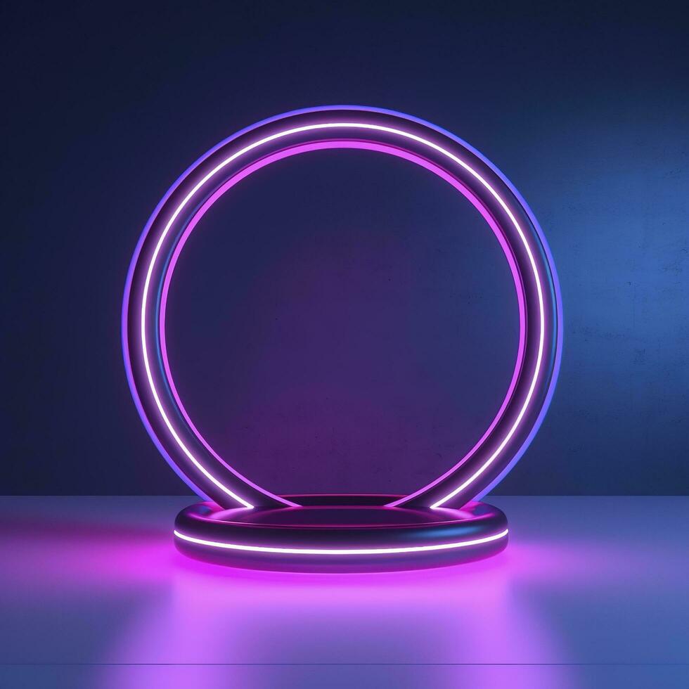 Empty neon lights round frame podium floating in the air with purple neon rings on background and hologram of digital rings on a floor, generate ai photo