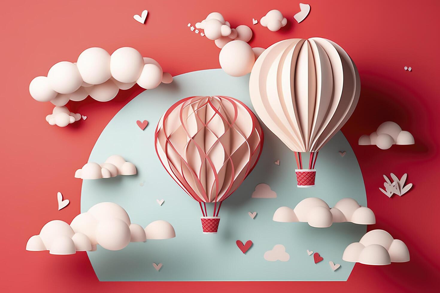 Paper cut style, valentine day with heart balloon and love, photo