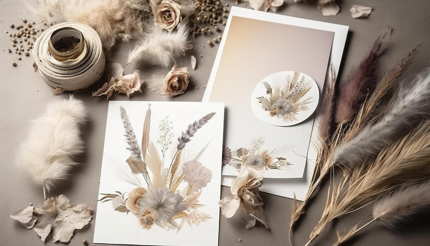 Empty template in boho style greeting cards, greeting or wedding card mockup with dried flowers. image photo