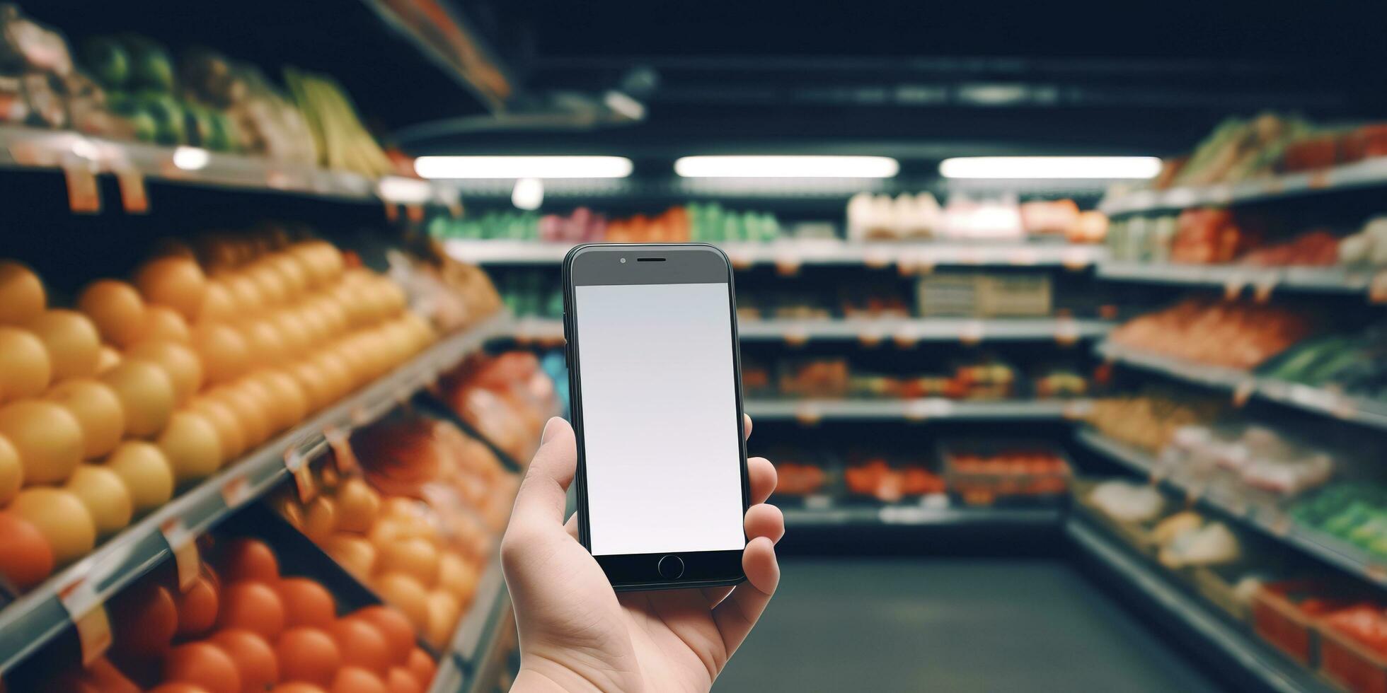 Grocery online. Phone with a hand on the background of a supermarket with groceries, generate ai photo