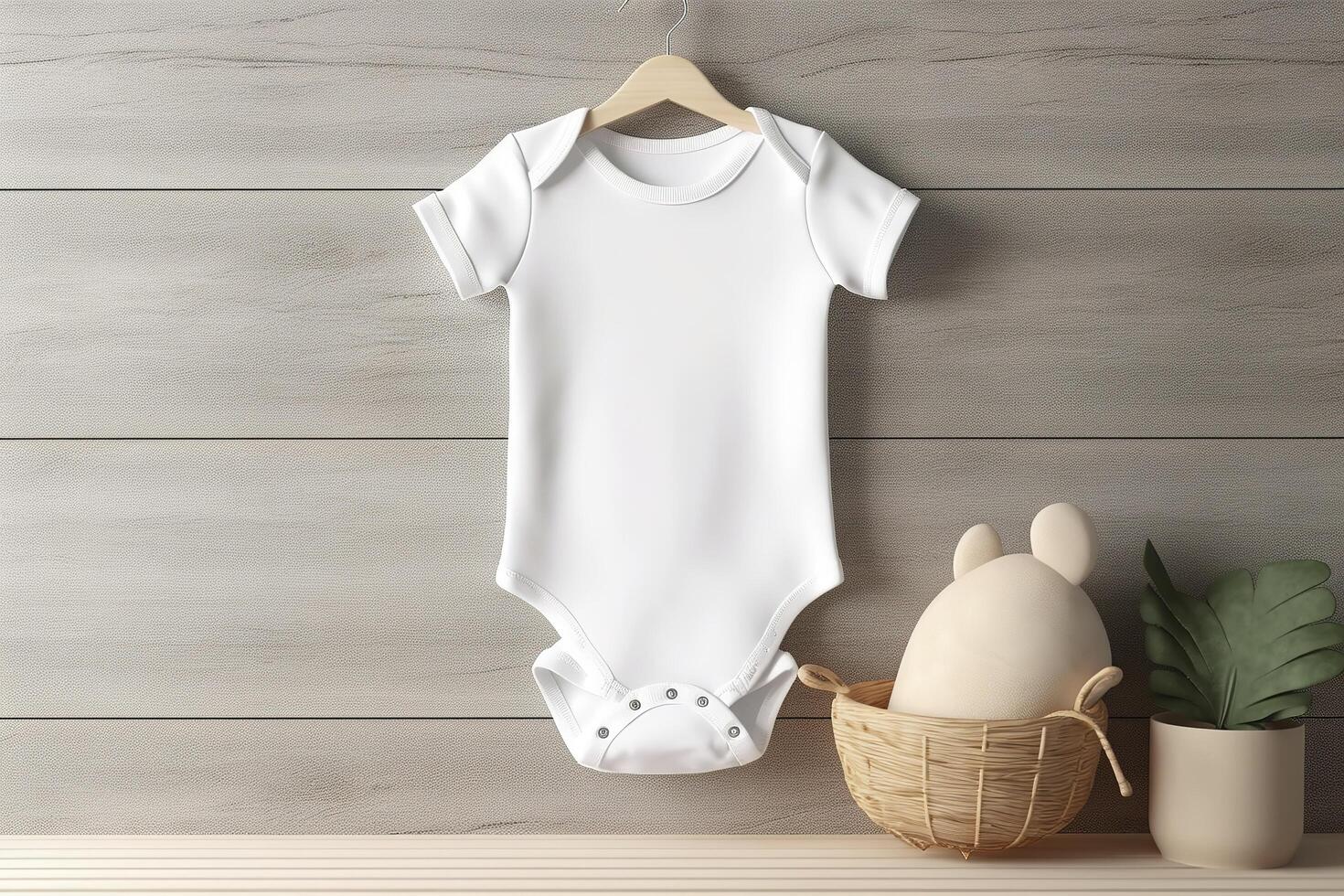 White baby short sleeve bodysuit mockup in minimal interior. Blank gender neutral newborn bodysuit mock up template. image. photo