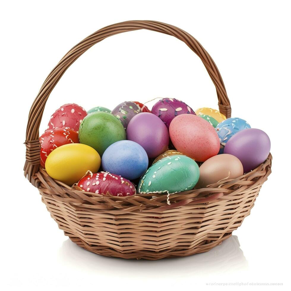 Easter basket filled with colorful eggs isolated on white background, generate ai photo