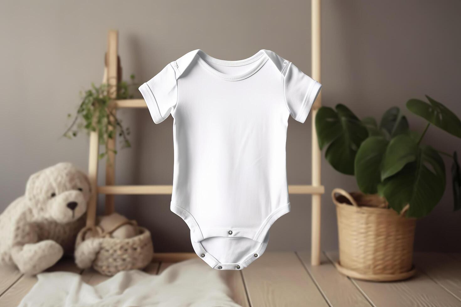 White baby short sleeve bodysuit mockup in minimal interior. Blank gender neutral newborn bodysuit mock up template. image. photo