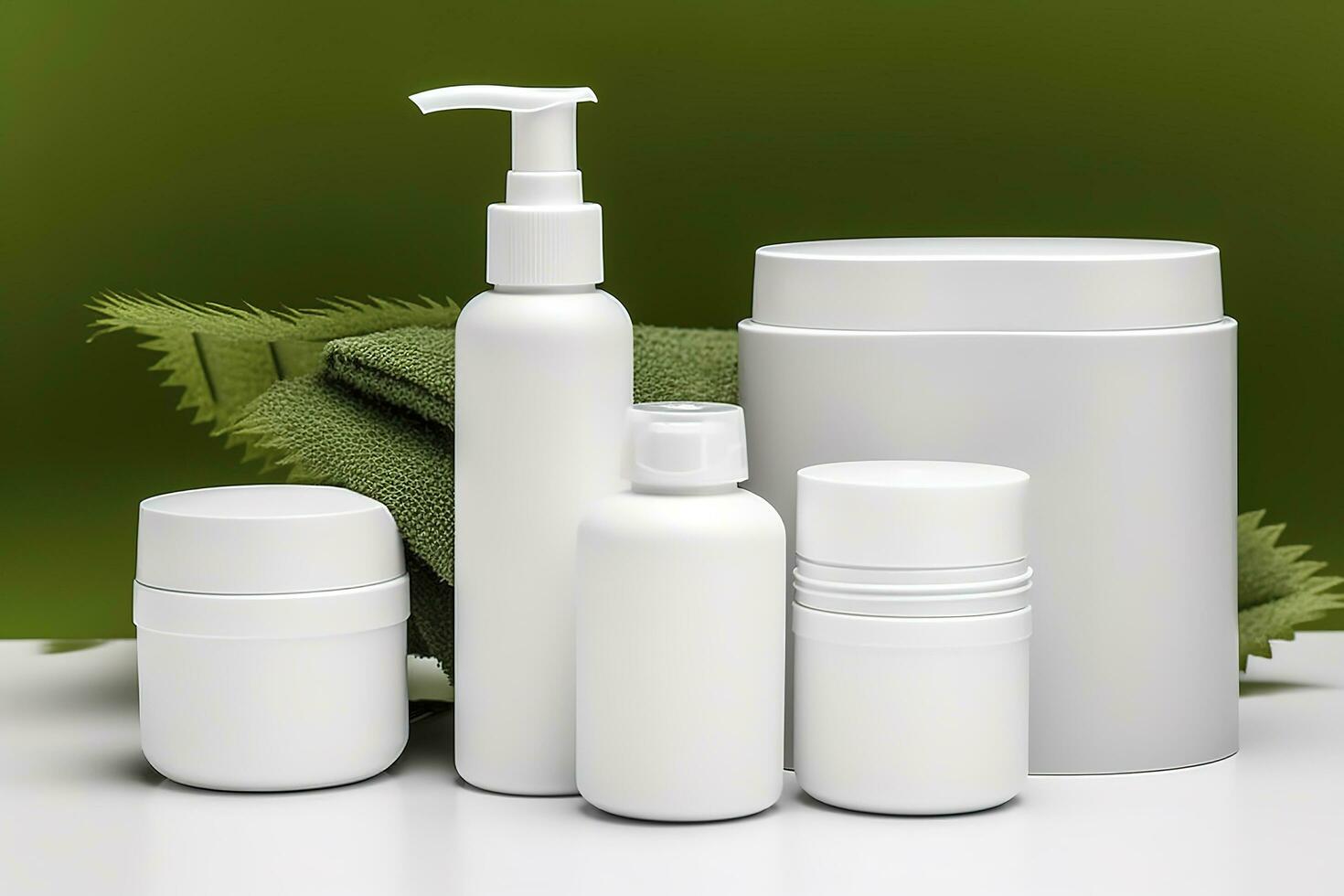 Cosmetic containers, blank label package for branding mock-up. Moisturizing cream, liquid soap or shampoo, tonic, face and body skin care. Natural green organic beauty product, generate ai photo
