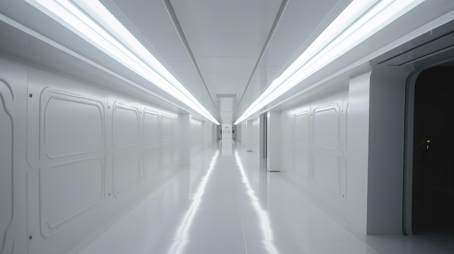 Inside narrow abstract bright white Tron corridor with square shapes with windows to an unknown planet, science fiction, glass, arch viz, and modern architecture, generate ai photo