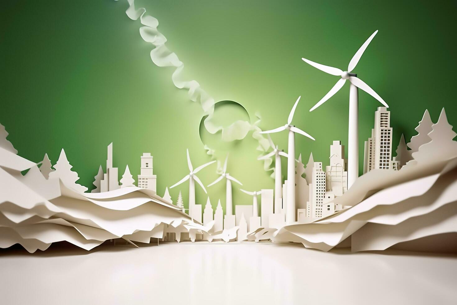 papel arte, renovable energía con verde energía tal como viento turbinas, renovable energía por 2050 carbón neutral energía, energía consumo, y co2, reducir co2 emisión concepto, generar ai foto