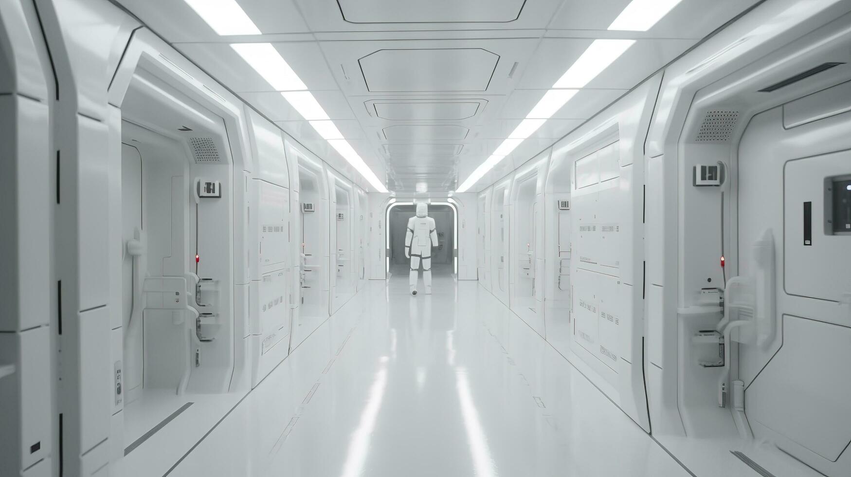 Inside narrow abstract bright white Tron corridor with square shapes with windows to an unknown planet, science fiction, glass, arch viz, and modern architecture, generate ai photo