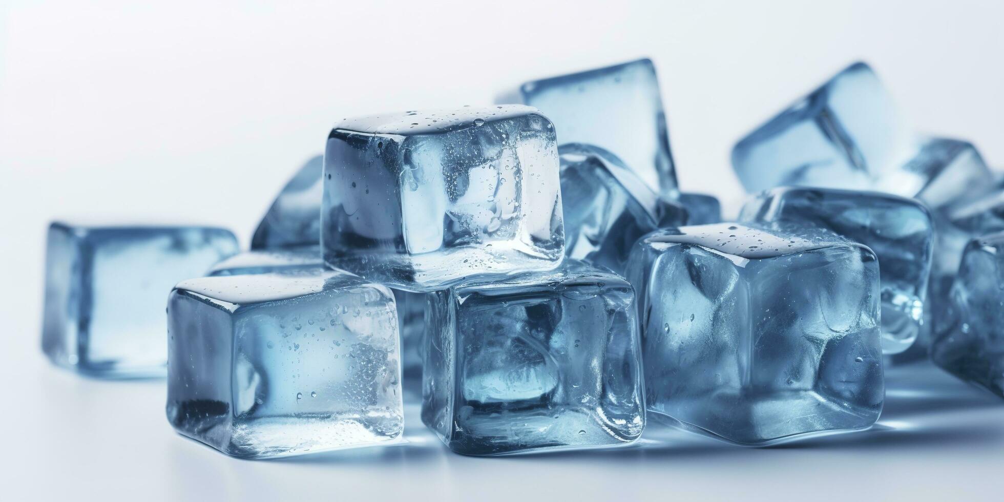 a large selection of ice cubes on a white background, in the style of mike campau, light blue, uhd image, melting, matte photo, icepunk, generate ai photo