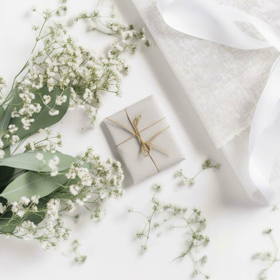 wedding desktop mockup with baby's breath Gypsophila flowers, dry green eucalyptus leaves, satin ribbon and white background, , generat ai photo