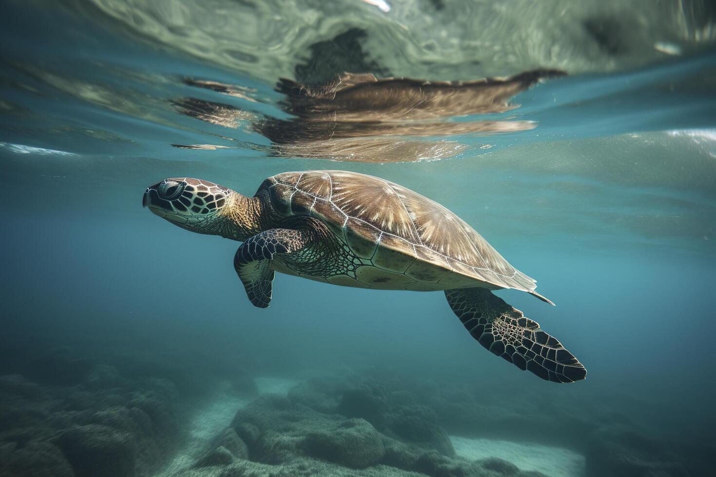 ai ilustración de un Tortuga atrapado con pescar neto. el concepto de ambiental proteccion. mar, Oceano Tortuga necesitar a ser liberado desde pescar redes No a muerto tortugas generativo ai foto