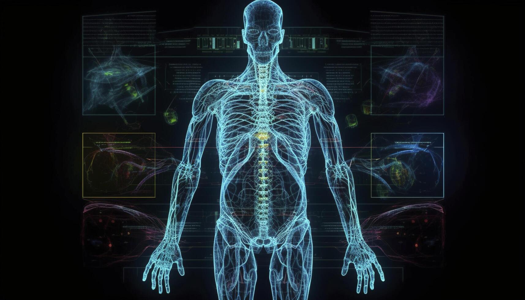 Artificial intelligence, a humanoid cyber human with a neural network thinks. AI concept of big data or cyber security. Chat GPT concept. AI with a digital brain processes big data. photo