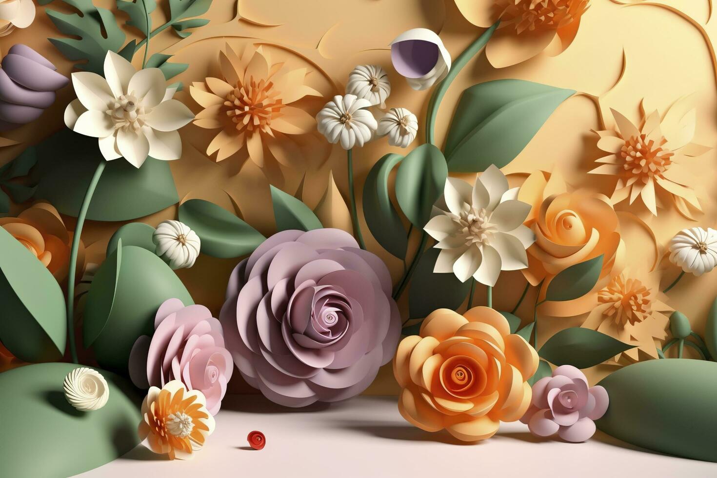 3d floral craft wallpaper. orange, rose, green and yellow flowers in light background. for kids room wall decor, generate ai photo