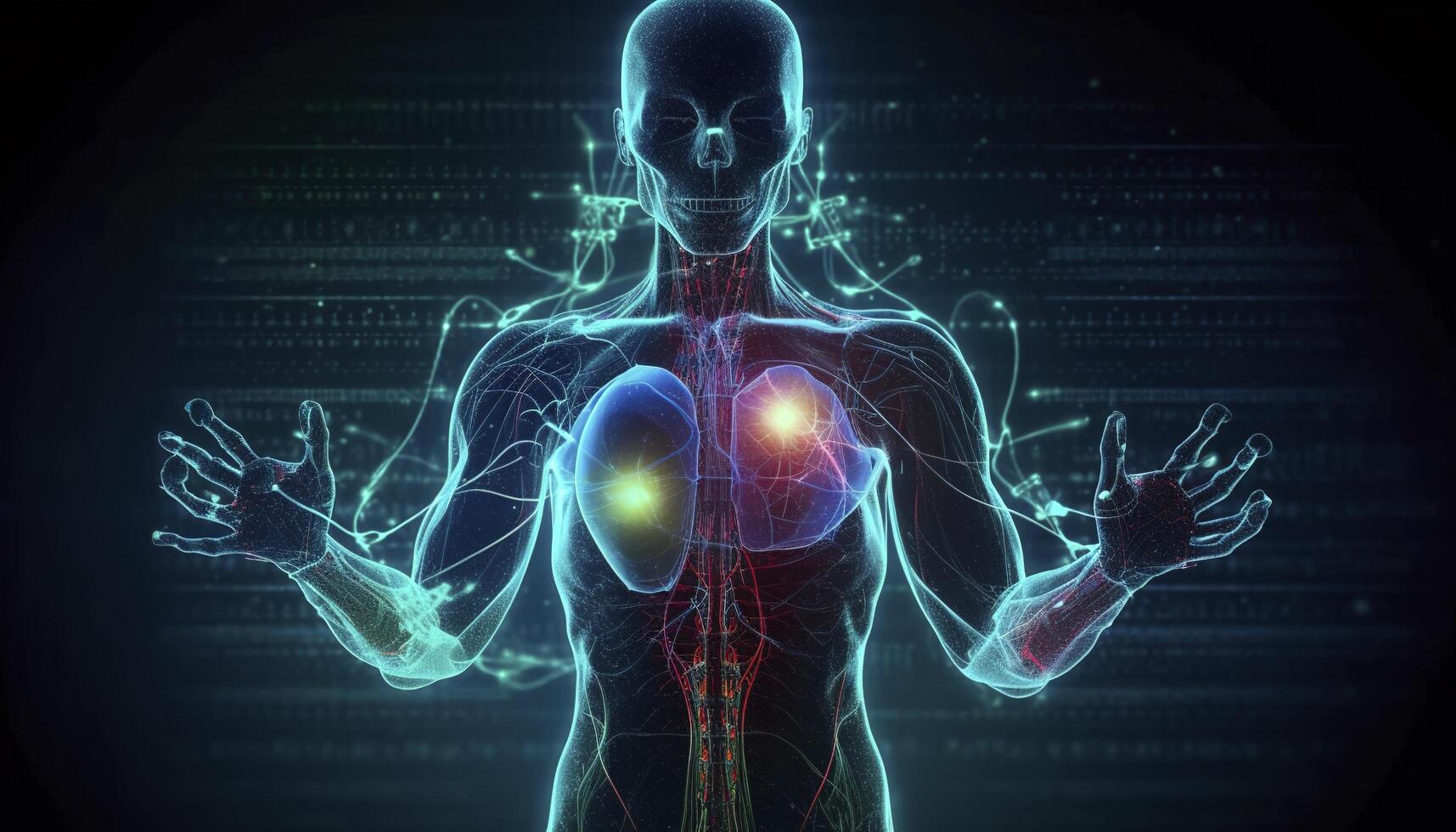 Artificial intelligence, a humanoid cyber human with a neural network thinks. AI concept of big data or cyber security. Chat GPT concept. AI with a digital brain processes big data. photo