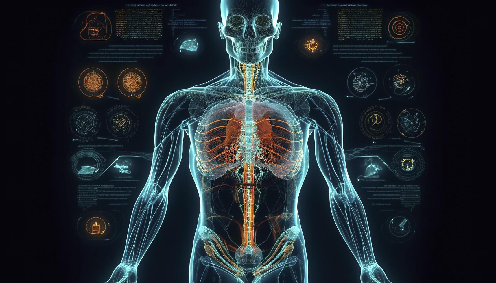 Artificial intelligence, a humanoid cyber human with a neural network thinks. AI concept of big data or cyber security. Chat GPT concept. AI with a digital brain processes big data. photo