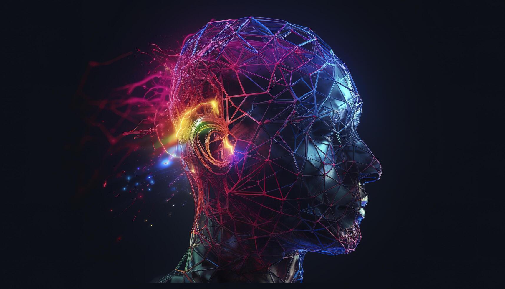 Artificial intelligence, a humanoid cyber human with a neural network thinks. AI concept of big data or cyber security. Chat GPT concept. AI with a digital brain processes big data. photo