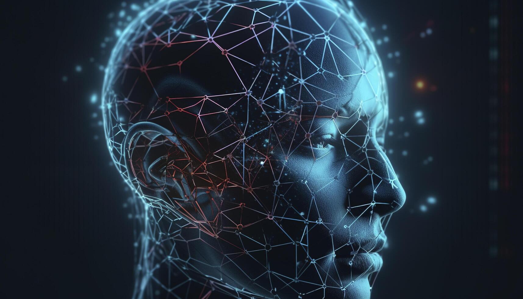 Artificial intelligence, a humanoid cyber human with a neural network thinks. AI concept of big data or cyber security. Chat GPT concept. AI with a digital brain processes big data. photo
