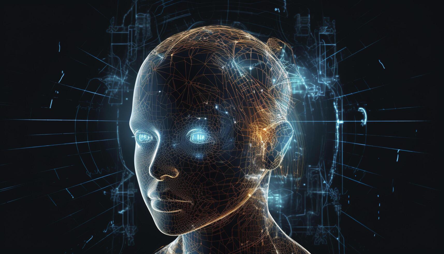 Artificial intelligence, a humanoid cyber human with a neural network thinks. AI concept of big data or cyber security. Chat GPT concept. AI with a digital brain processes big data. photo