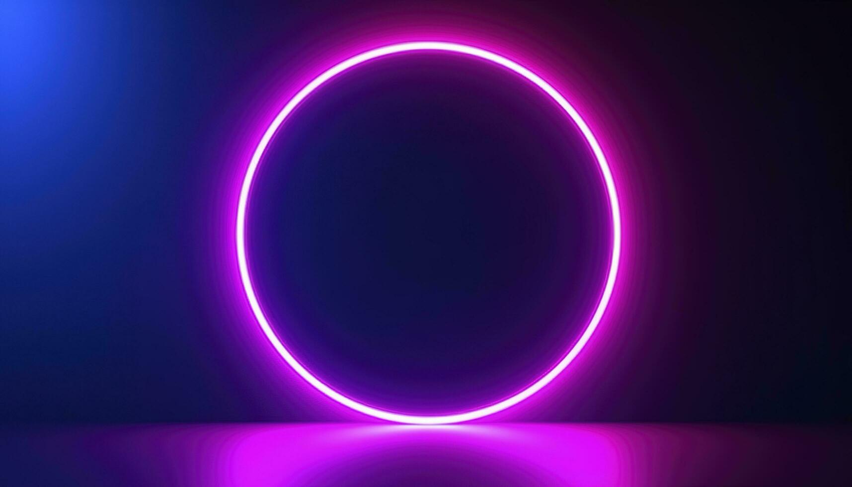 3d render, blue pink neon round frame, circle, ring shape, empty space, ultraviolet light, 80s retro style, fashion show stage, abstract background, generate ai photo