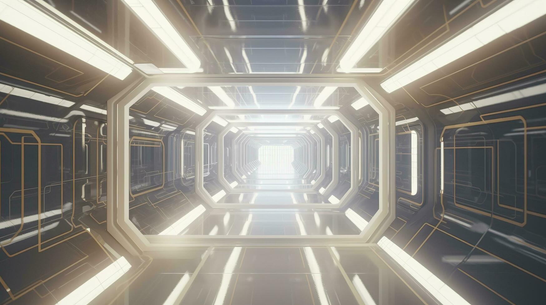 Inside narrow abstract bright white Tron corridor with square shapes with windows to an unknown planet, science fiction, glass, arch viz, and modern architecture, generate ai photo
