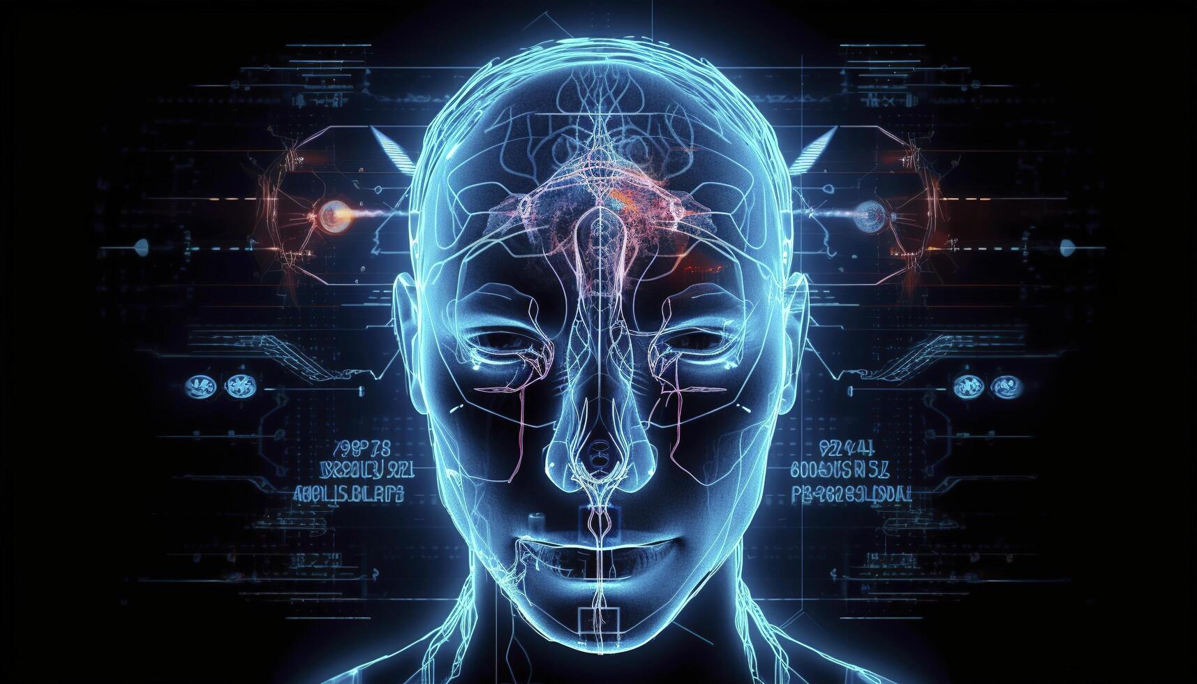 Artificial intelligence, a humanoid cyber human with a neural network thinks. AI concept of big data or cyber security. Chat GPT concept. AI with a digital brain processes big data. photo