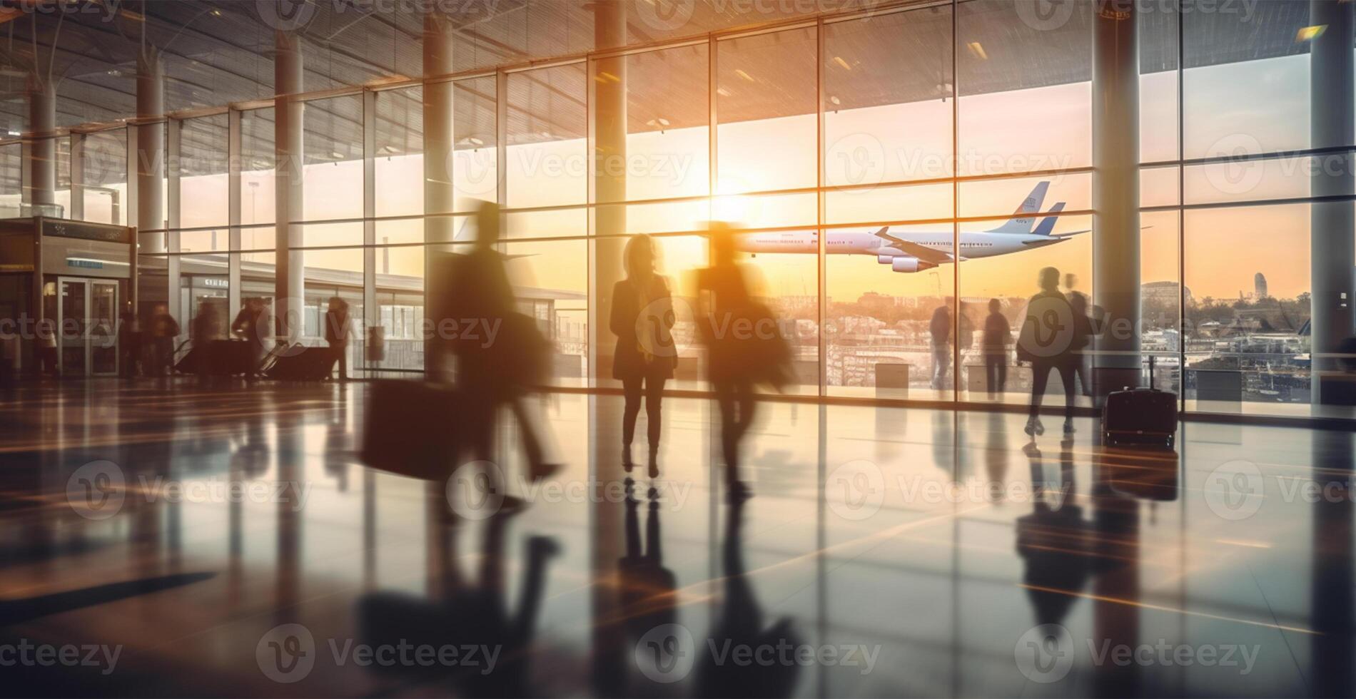 aeropuerto edificio, internacional Terminal, corriendo personas a tierra, borroso antecedentes - ai generado imagen foto