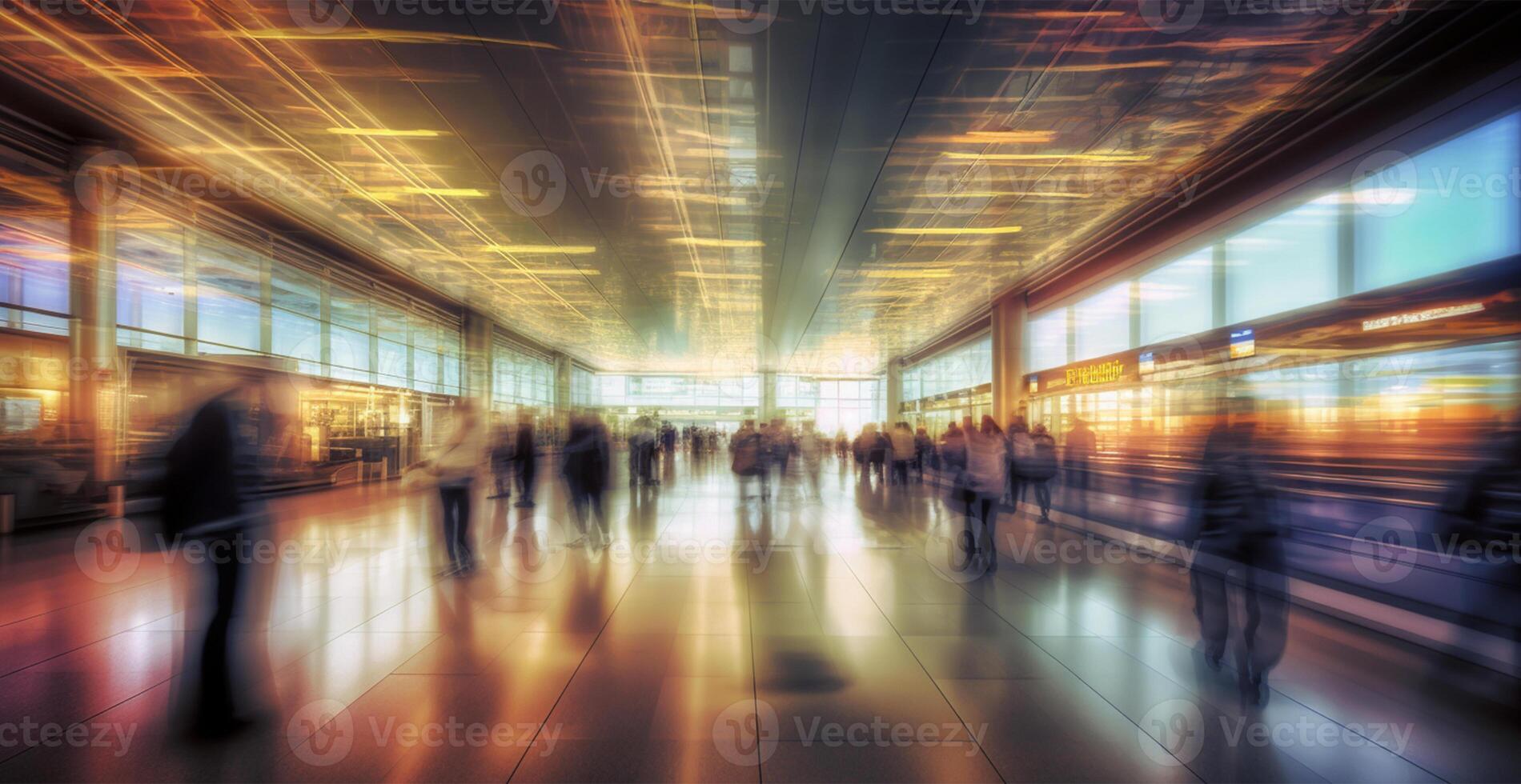 aeropuerto edificio, internacional Terminal, corriendo personas a tierra, borroso antecedentes - ai generado imagen foto