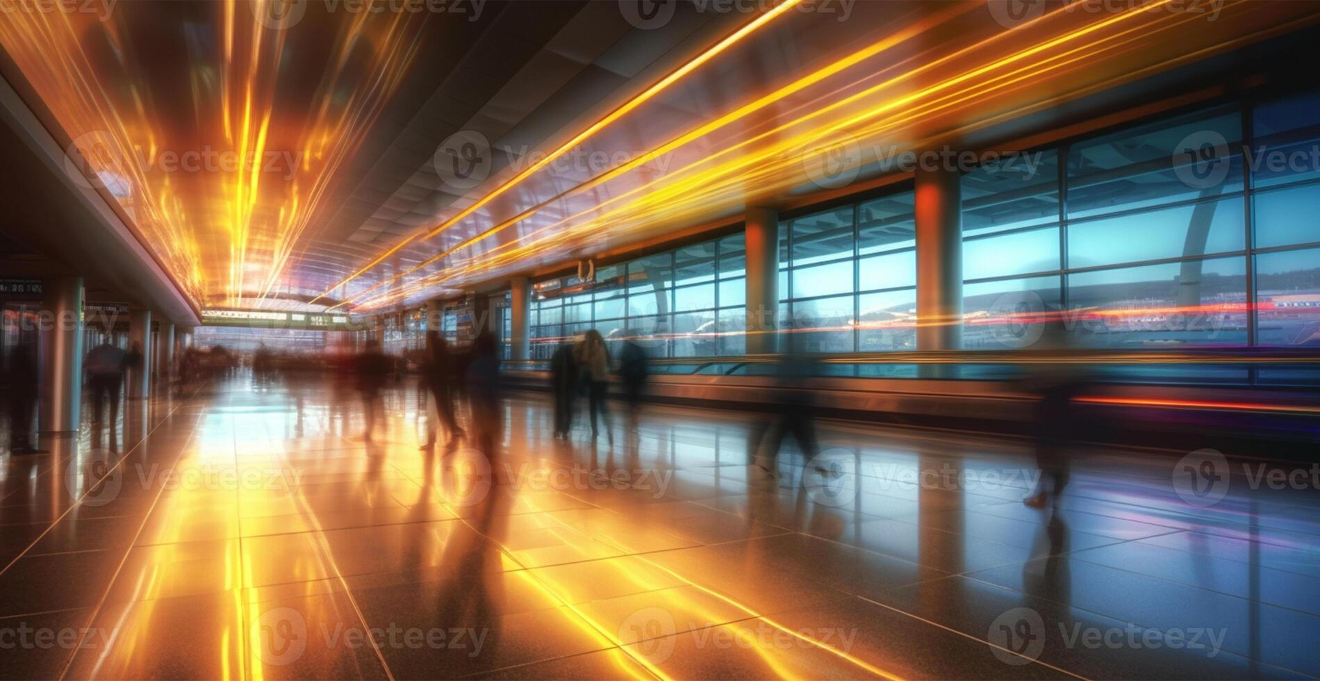 aeropuerto edificio, internacional Terminal, corriendo personas a tierra, borroso antecedentes - ai generado imagen foto