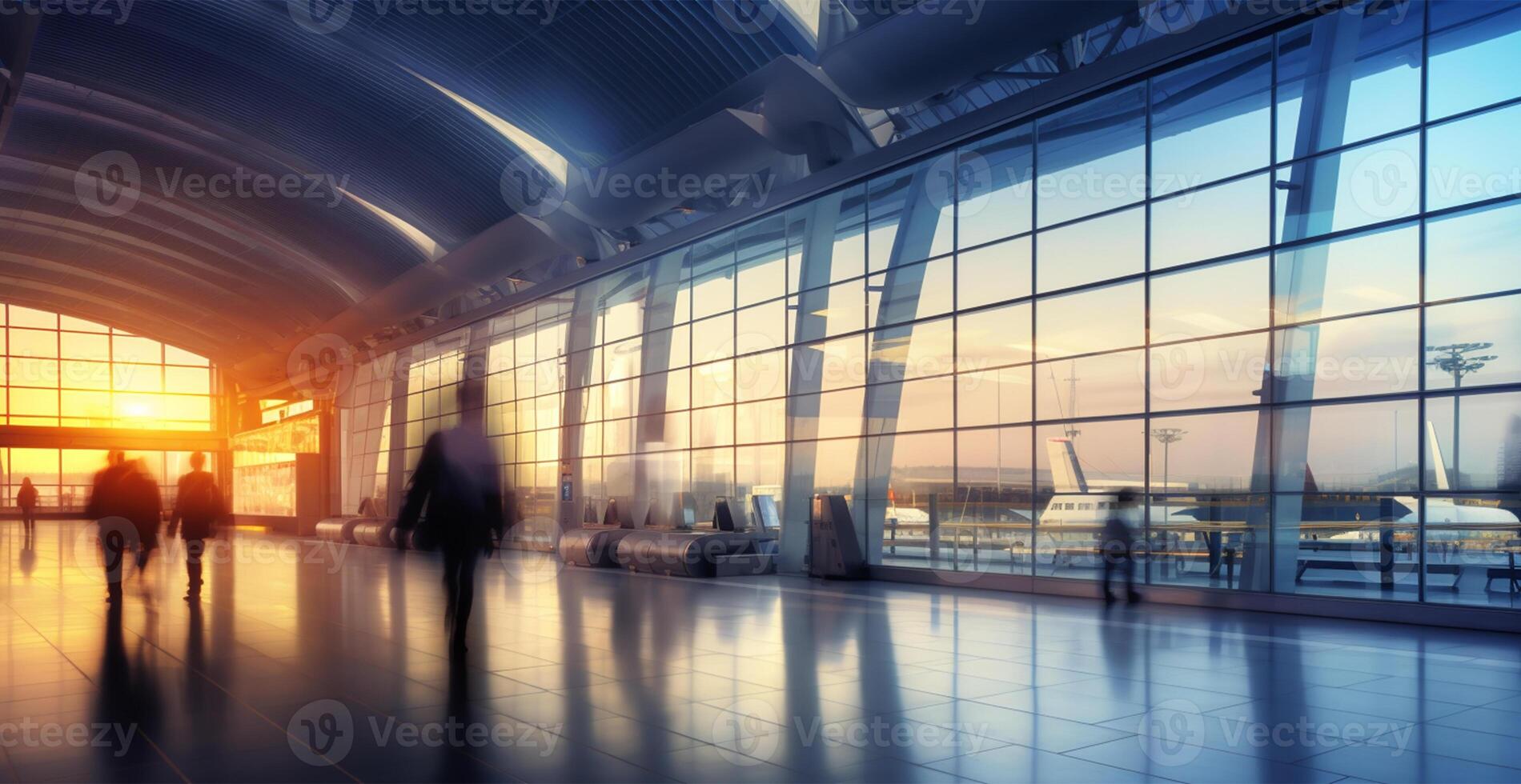 aeropuerto edificio, internacional Terminal, corriendo personas a tierra, borroso antecedentes - ai generado imagen foto