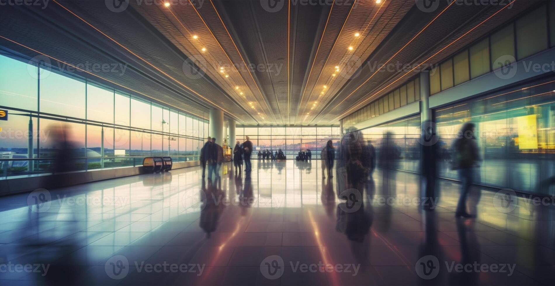 aeropuerto edificio, internacional Terminal, corriendo personas a tierra, borroso antecedentes - ai generado imagen foto